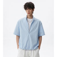A pure cotton stand-up collar half-zipper fake two-piece short-sleeved suit for men, a summer trendy brand casual loose T-shirt and shorts two-piece set thumbnail 4