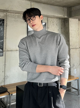 冬季半高领毛衣男内搭灰色宽松青少年保暖加绒加厚中领针织打底衫