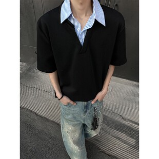 假两件衬衫领短袖男夏季潮牌翻领T恤痞帅潮流宽松半袖休闲polo衫