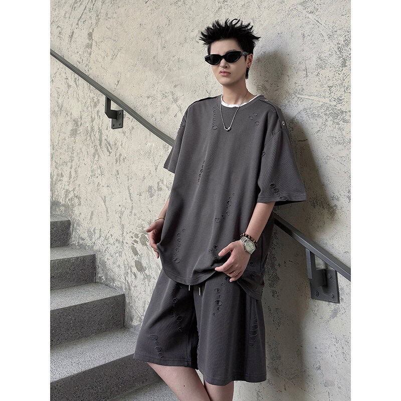 2025夏季新款潮牌复古休闲破洞套装男短袖美式潮流两件套短裤一套,男装,时尚套装,淘宝优惠券,粉丝福利购,淘宝优惠卷