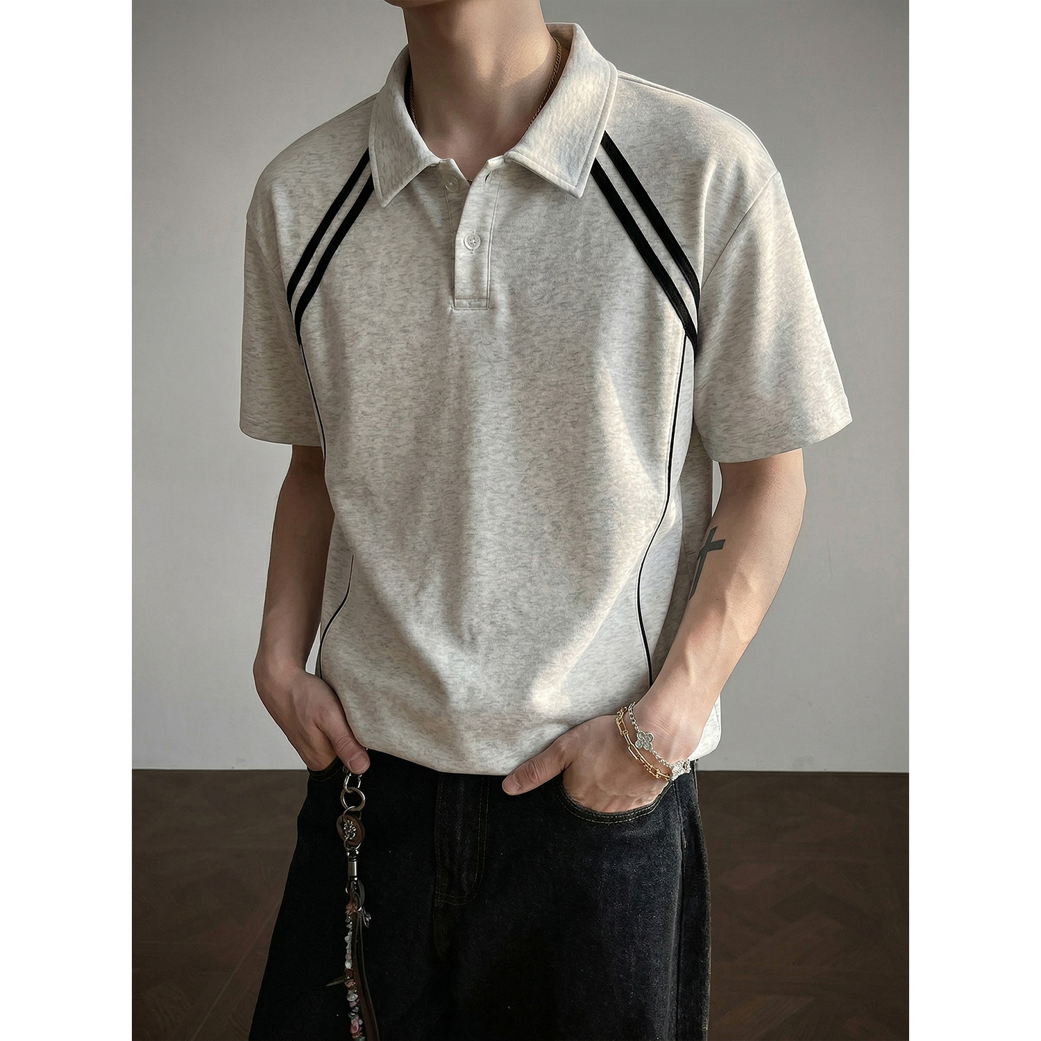 美式复古条纹短袖polo衫男夏季图片