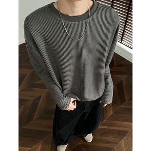 老钱风慵懒风肌理感针织长袖T恤男圆领打底内搭美式高级感体恤男