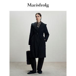 Marisfrolg玛丝菲尔中长款黑色保暖收腰连帽羽绒服