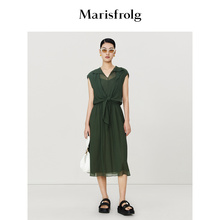 【6A桑蚕丝】玛丝菲尔2023年夏季新款墨绿色绑结式真丝无袖连衣裙