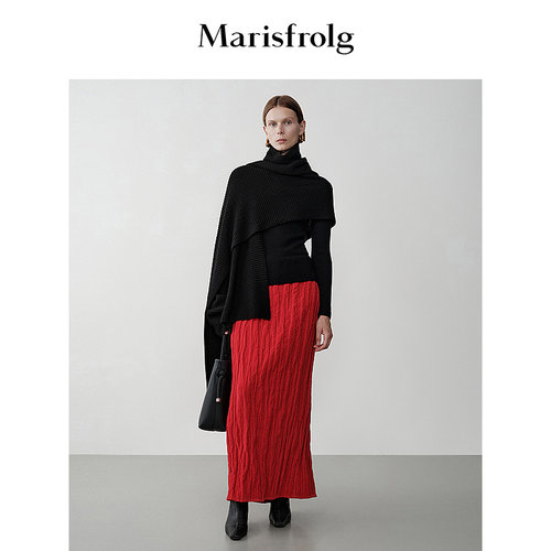 【精简衣橱】Marisfrolg玛丝菲尔冬琉璃红褶皱开衩半身裙