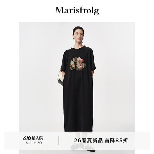 【新能量黑裙】Marisfrolg玛丝菲尔2026夏新款松印花T恤连衣裙