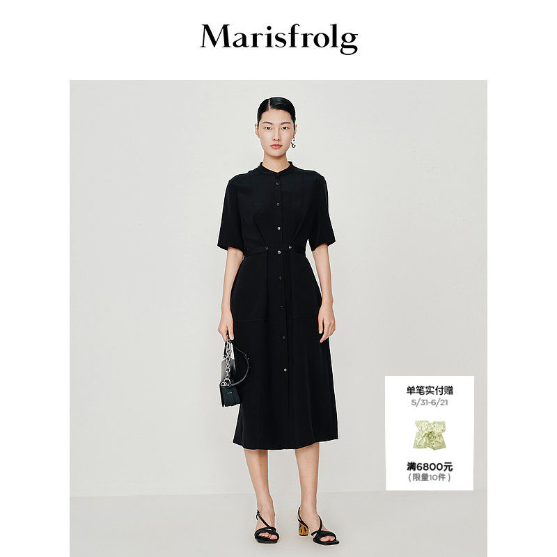 【新能量黑裙】Marisfrolg玛丝菲尔春季黑色衬衫式茶歇连衣裙女