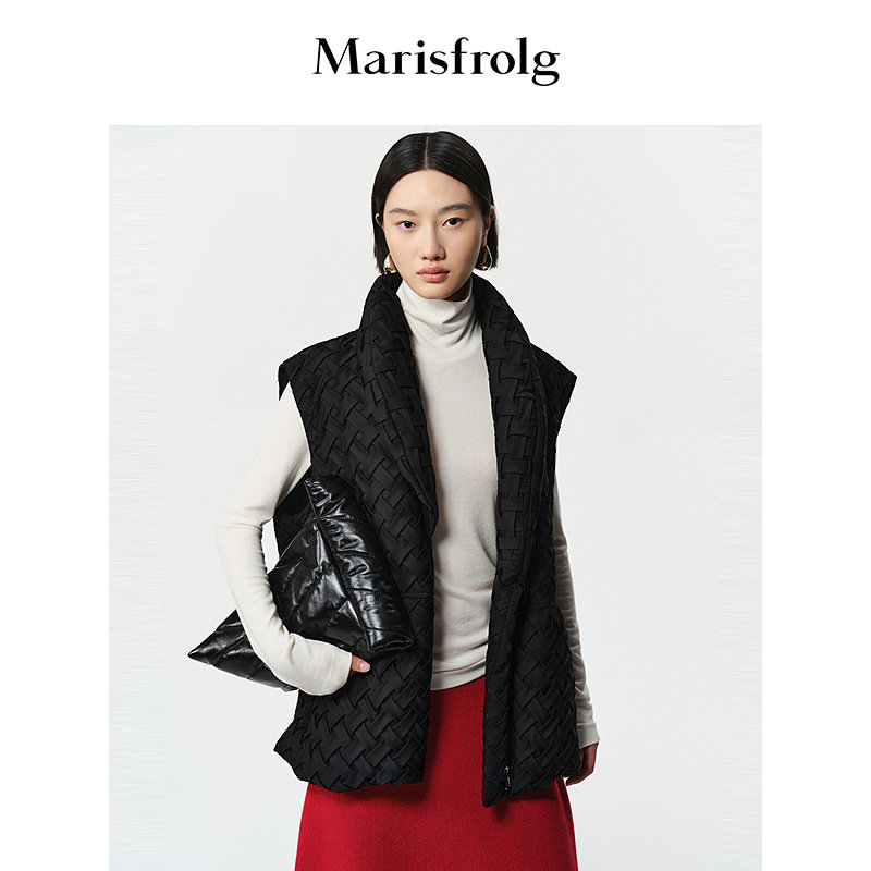 【压褶肌理】Marisfrolg玛丝菲尔冬款黑色鹅绒羽绒背心马甲