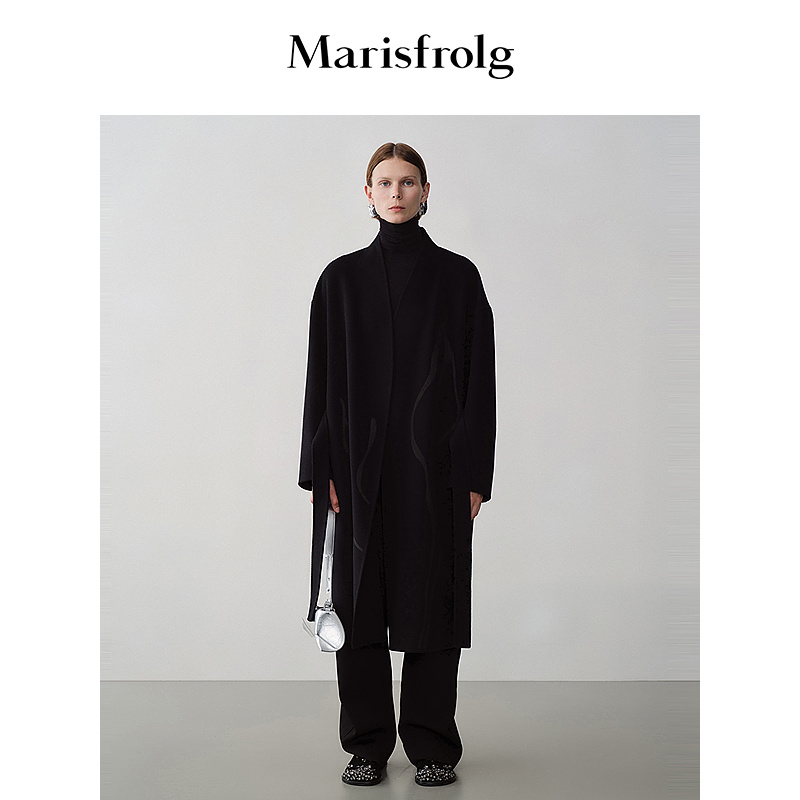 【艺术时装大衣】玛丝菲尔冬纯羊毛黑色双面呢大衣外套