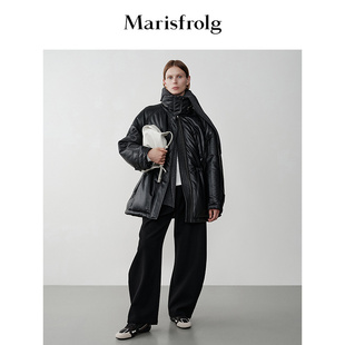 插肩袖 Marisfrolg玛丝菲尔2025冬新款 黑色羊皮羽绒服 皮革羽绒