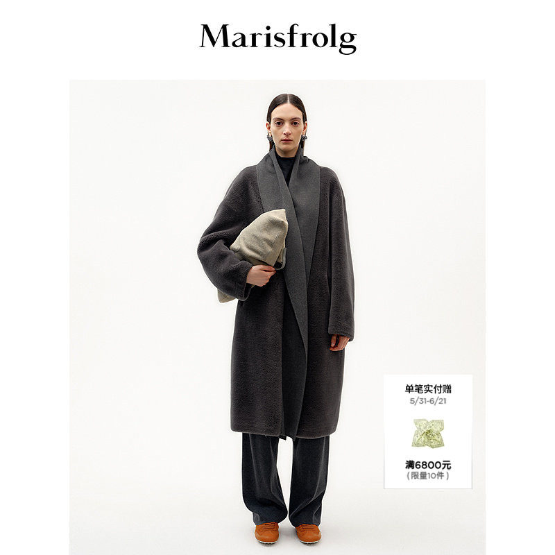 Marisfrolg玛丝菲尔2025冬新款围脖式拼接领羊羔毛长款大衣外套