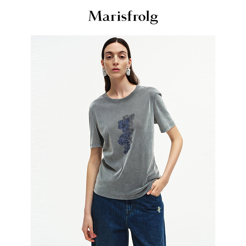 【进口面料】Marisfrolg玛丝菲尔秋款植绒网布直身印花T恤图片
