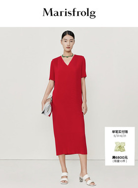 【自然垂感廓形】玛丝菲尔春夏名媛风法式红色百褶连衣裙女