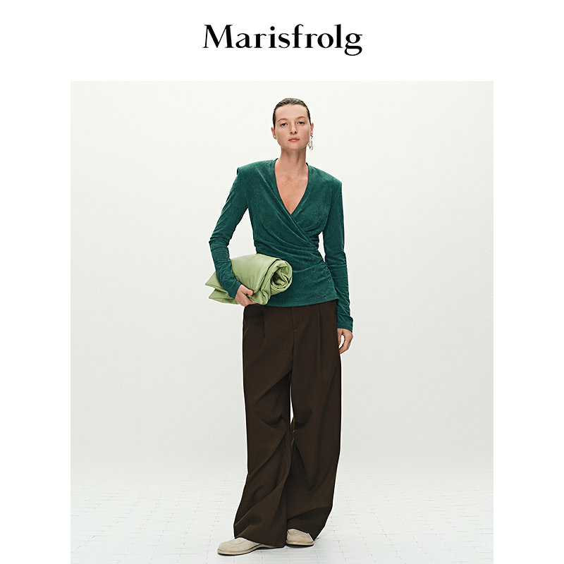【精简衣橱】Marisfrolg玛丝菲尔春新款V领丝绒修身长袖上衣图片