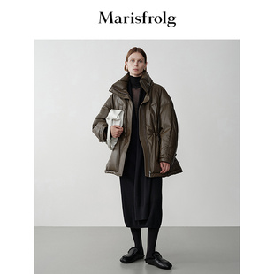 插肩袖 Marisfrolg玛丝菲尔2025冬新款 棕色羊皮羽绒服 皮革羽绒