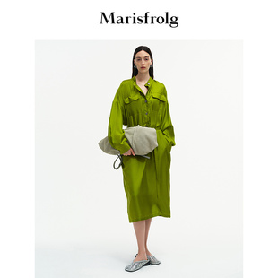 【A级桑蚕丝】Marisfrolg玛丝菲尔秋款品松烟青收腰衬衫裙