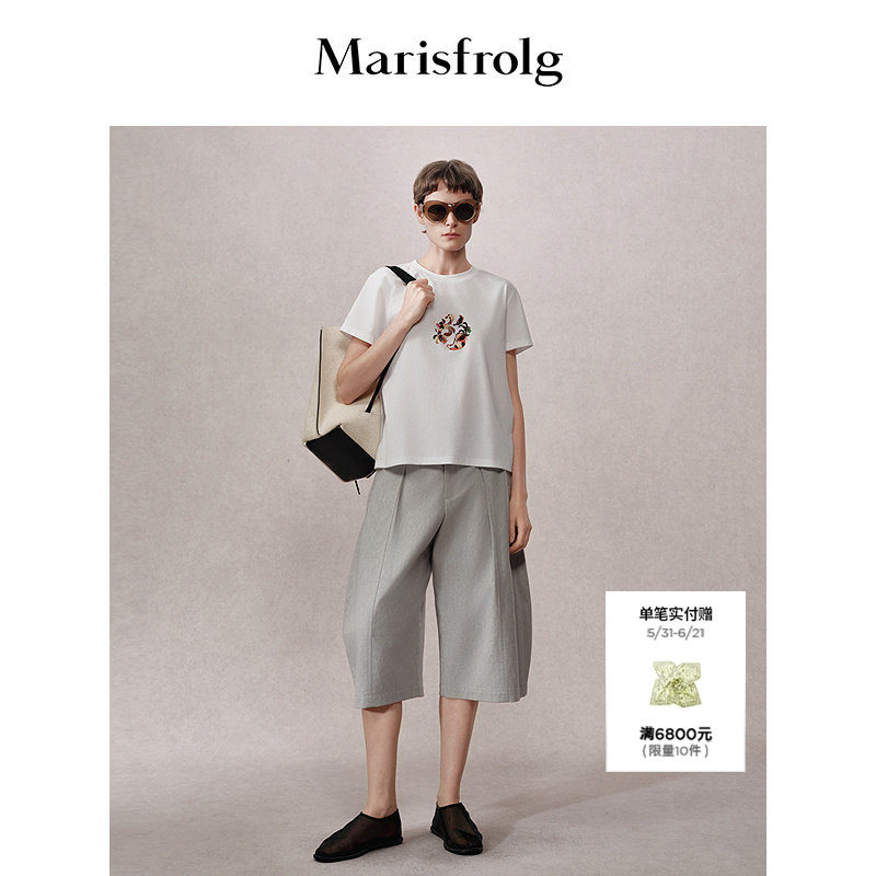 【纹样美学】Marisfrolg玛丝菲尔2026夏新款时尚刺绣正肩休闲T恤