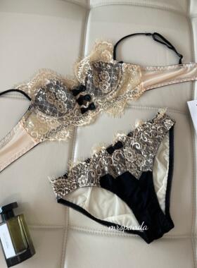 Mrspanda法式浪漫.裸色黑色蕾丝套装柔美甜美超薄大胸显小胸衣