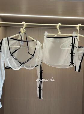 Mrspanda.黑白韵致白色网纱挂脖内衣包臀群三件套开叉蝴蝶结透视