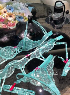 Mrspanda.海的女儿蓝绿色网格刺绣人鱼姬内衣四件套微光梦幻性感