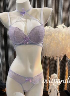Mrspanda紫色蕾丝内衣两件套挂脖蝴蝶结甜美纯欲韩系性感外扩聚拢