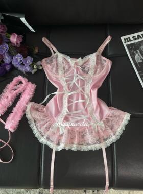 Mrspanda.娇宠千金粉色蓝色蕾丝刺绣绑带蝴蝶结透视性感连衣睡裙