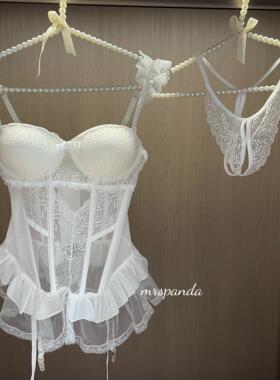 Mrspanda.白苹果白色蕾丝鱼骨胸衣2件套透视性感显瘦蝴蝶结纯欲
