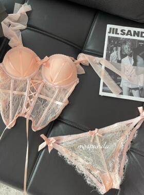 Mrspanda.甜心月神粉黑红色鱼骨胸衣2件套绑带蝴蝶结甜美性感显瘦