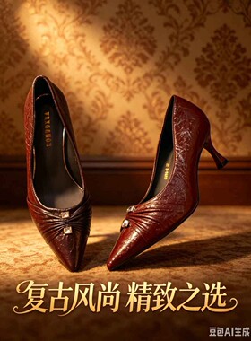 高跟褶皱新款网红款春季单鞋高跟鞋女尖头细跟红棕色细跟时装鞋