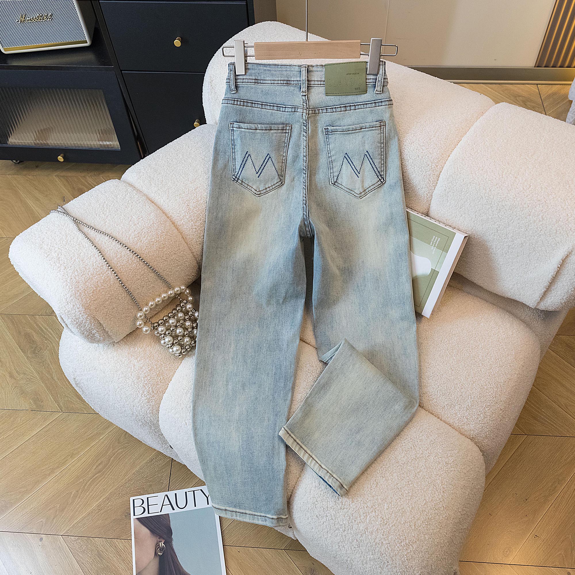 显腿直！四面弹水洗法棍裤女2025秋季新款高腰显瘦九分直筒牛仔裤