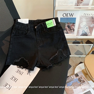 黑色毛边破洞高腰牛仔短裤女夏设计感宽松显瘦辣妹a字热裤子