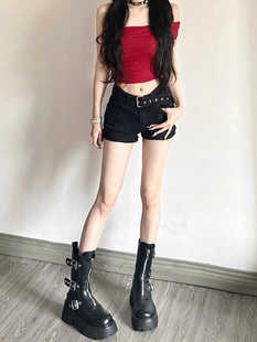 子 辣妹紧身显瘦休闲a字阔腿热裤 黑色卷边配腰带牛仔短裤 女夏新款