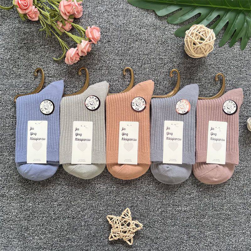 纯棉双针女士中筒袜吸汗防臭抗菌糖果色百搭学生袜春秋款里外全棉