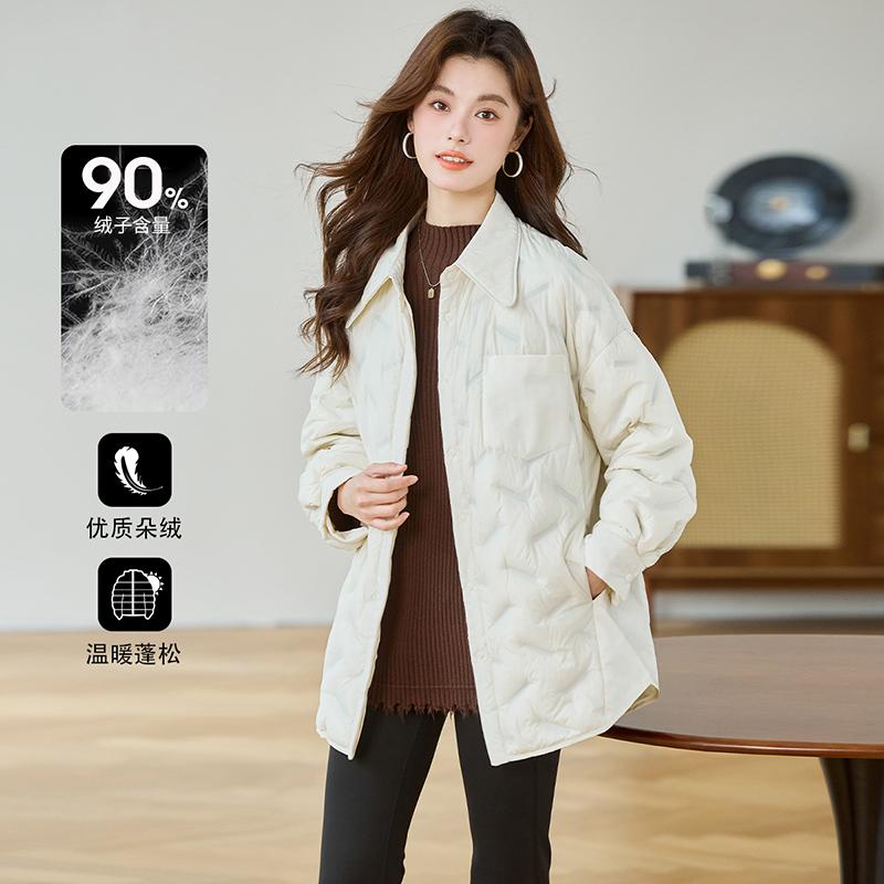 时尚鸭绒衬衫式羽绒服3S女装冬季翻领轻薄中长款休闲保暖上衣