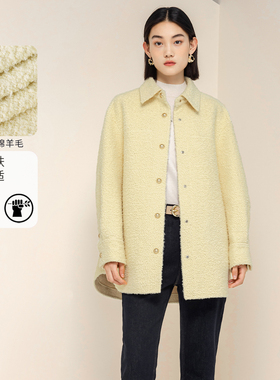 3S女装冬季简约风绵羊毛毛呢大衣中长款奶黄色减龄外套