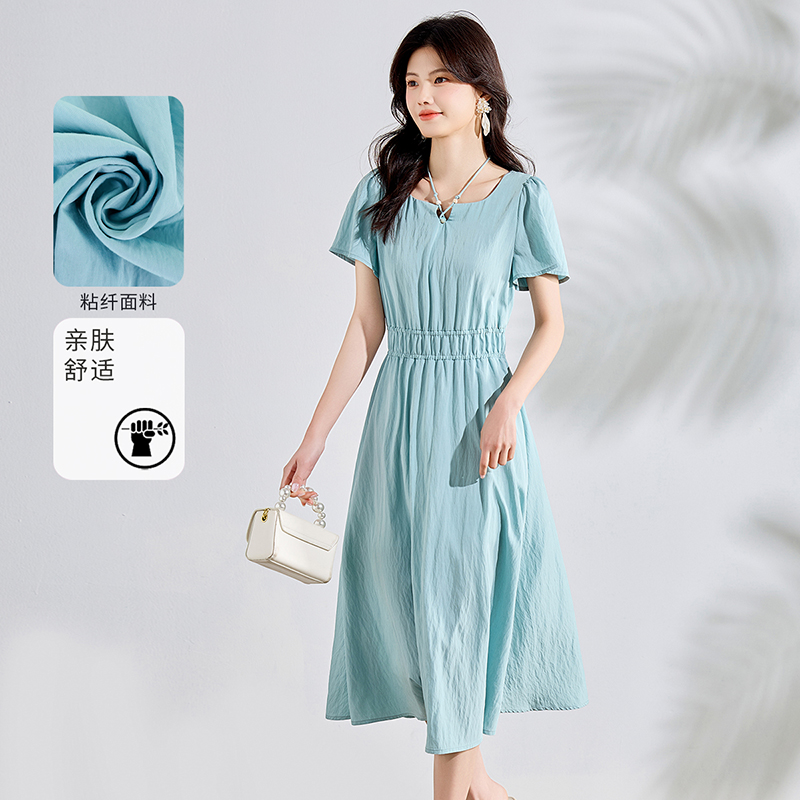 3S女装2025夏季新款时尚百搭方领泡泡袖连衣裙通勤收腰显瘦长裙