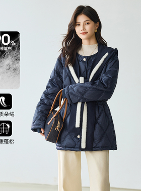 3S女装2025冬围巾设计感加厚羽绒服女中长款连帽菱格绗线鹅绒外套