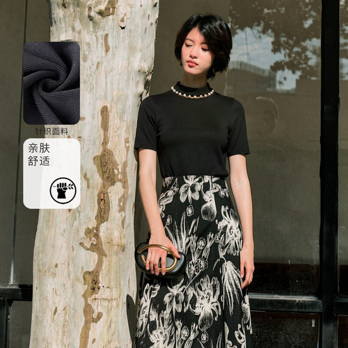 3S女装得体风黑色短袖T恤女针织圆领珍珠装饰简约高级质感上衣