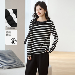 2025春季新款3S休闲通勤直筒显瘦条纹拼接斜肩飘带款针织衫T恤
