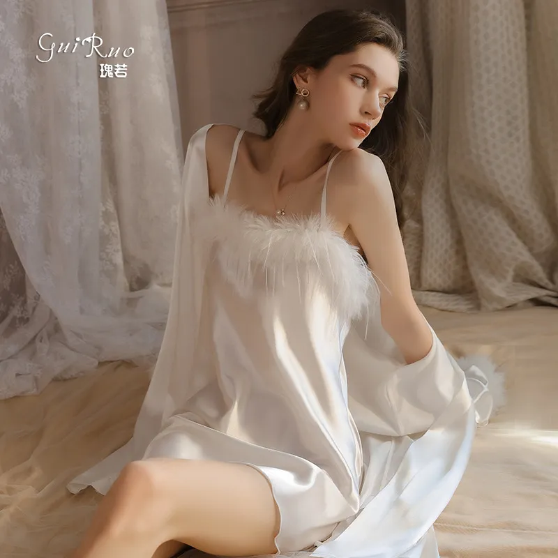 瑰若纯欲甜美羽毛点缀诱惑大码吊带睡裙系带外袍女家居服套装,女士内衣/男士内衣/家居服,睡袍/浴袍,淘宝优惠券,粉丝福利购,淘宝优惠卷
