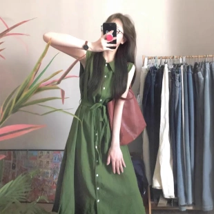 松弛氛围感长裙子女 连衣裙女简约休闲夏季 复古文艺范绿色衬衫 无袖