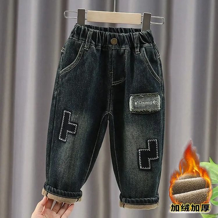 新款男童一体绒牛仔裤宝宝加绒加厚裤子洋气儿童冬季保暖过冬长裤