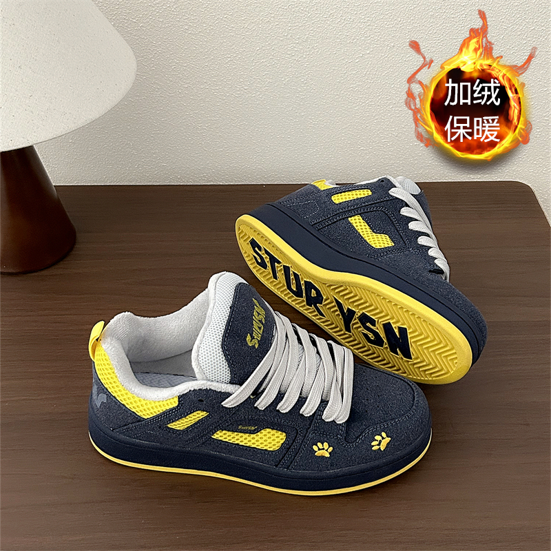 港风深蓝黄加绒保暖棉鞋男鞋子2025年冬季情侣厚底运动鞋休闲板鞋