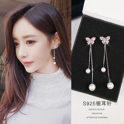 925纯银针蝴蝶结耳环女韩国气质长款珍珠耳坠个性百搭耳钉耳饰品