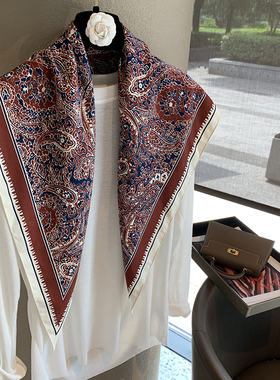 高级经典黑色奢美腰果花仿真丝三角巾屁帘护颈外搭小披肩丝巾围巾