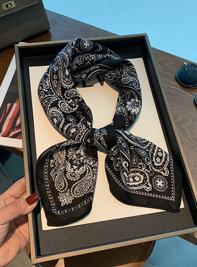 丝巾小方巾女复古丝绒复古黑色腰果花棉麻护颈领巾ins头巾发带
