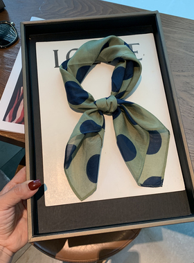 韩国东大门真丝小方巾绿色撞色波点气质韩版领巾头巾女气质丝巾