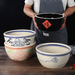钵钵鸡土陶盆陶瓷手绘小水缸复古小摆件莲藕花盆和面盆汤盆多肉碗