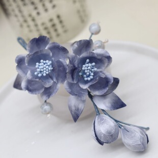 等烟雨 雾霾蓝 蚕丝绒花头饰塑形绒花发饰古风饰品汉服配饰夹子