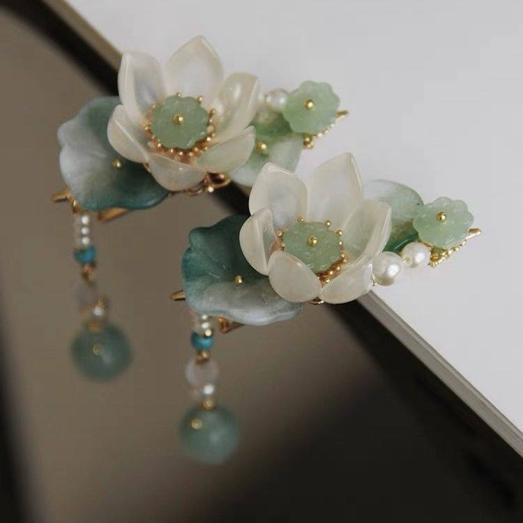 小青荷发夹原创夏日荷花莲花荷叶莲蓬古风头饰汉服发饰流苏对夹女